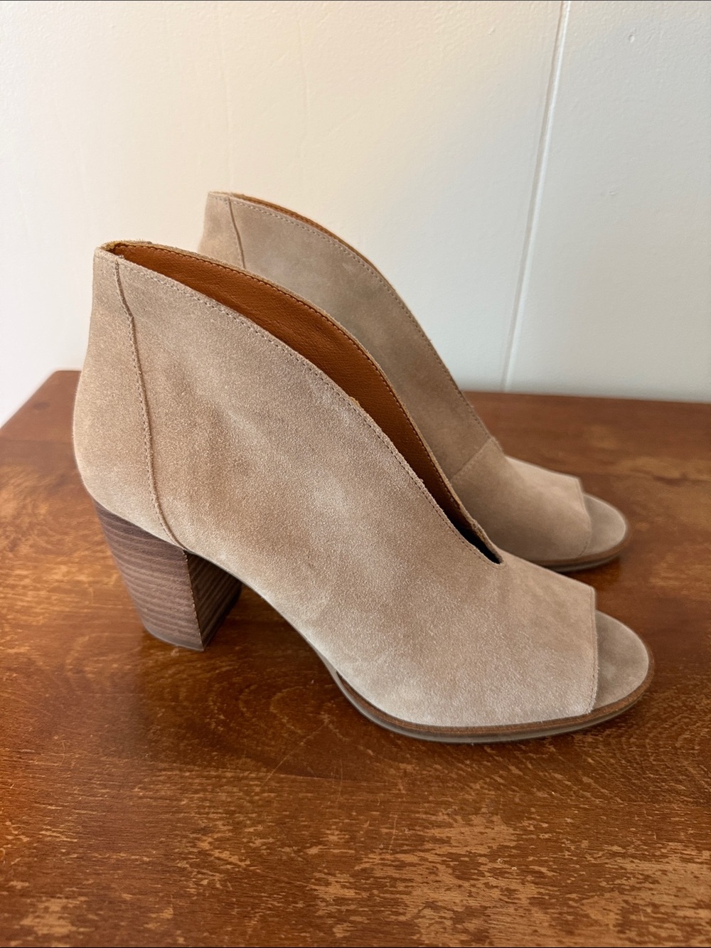 Lucky Brand Women's Joal Shooties in a beige suede color with a stacked heel